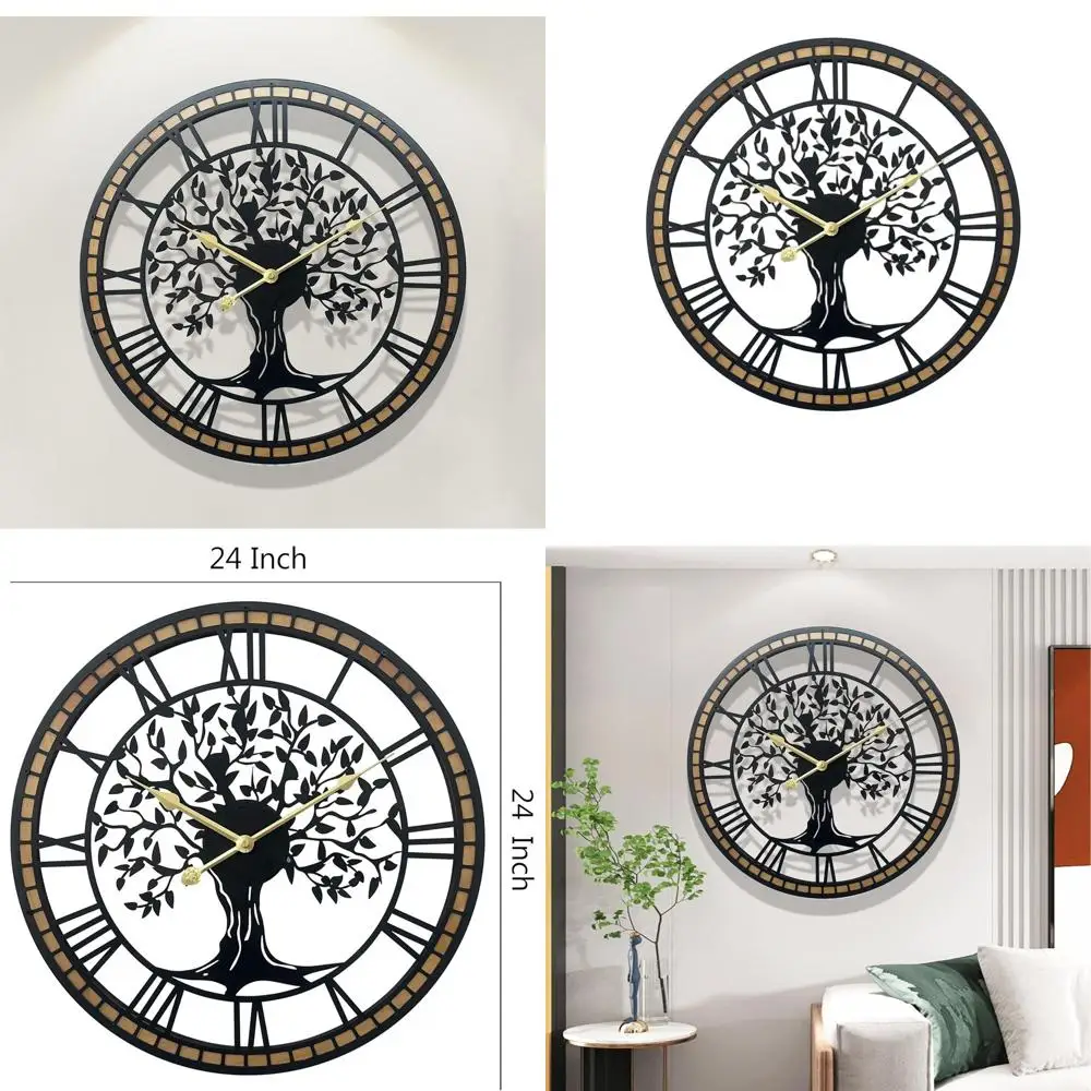 

24 Tree of Life Metal Wall Clock - Silent, Battery-Powered Oversized Decor for Living Room, Kitchen, and Bedroom