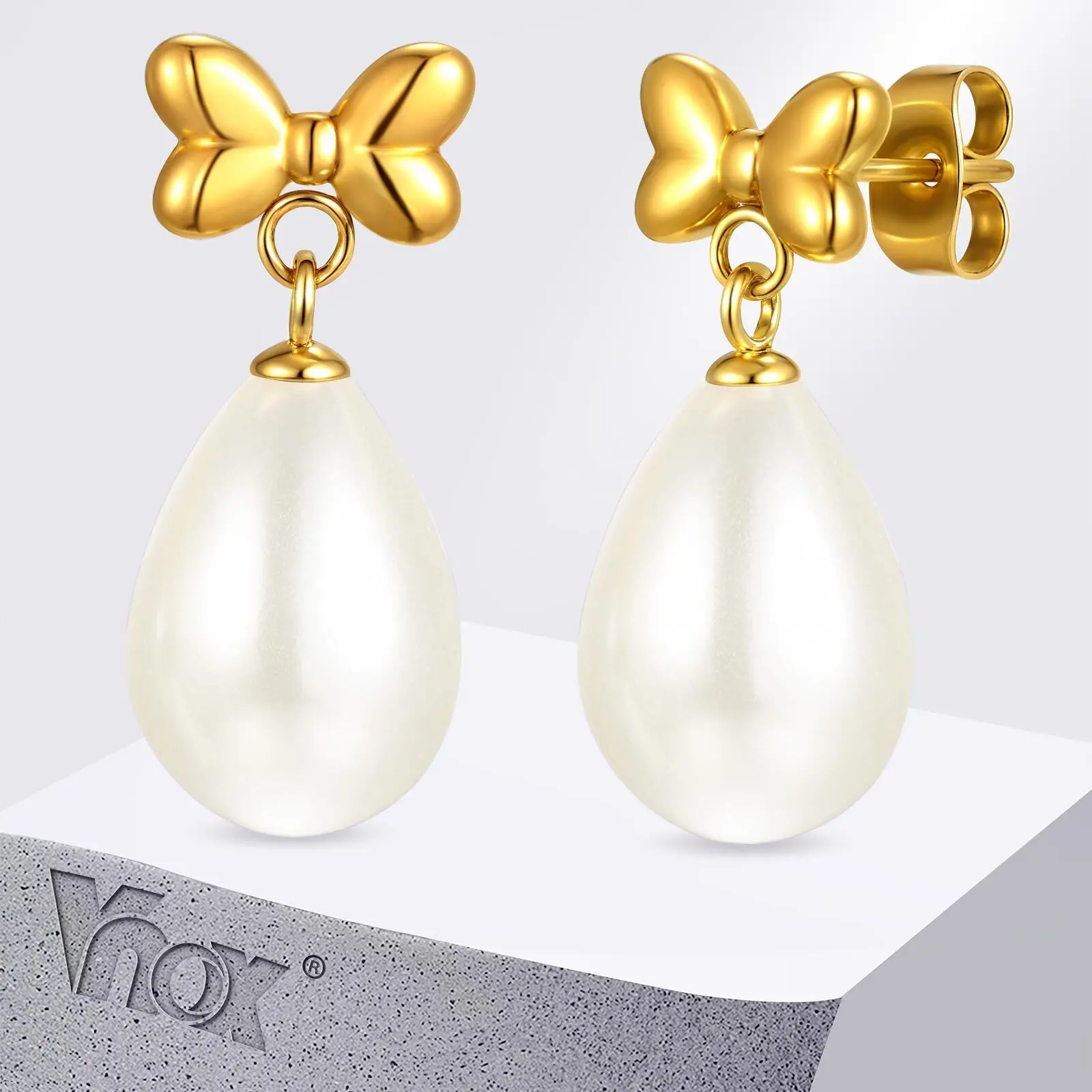 

Vnox Water Droplet Pearl Drop Earrings For Women, Stainless Steel Bow Heart Piercing Earring, Aesthetic Jewelry 2025 New