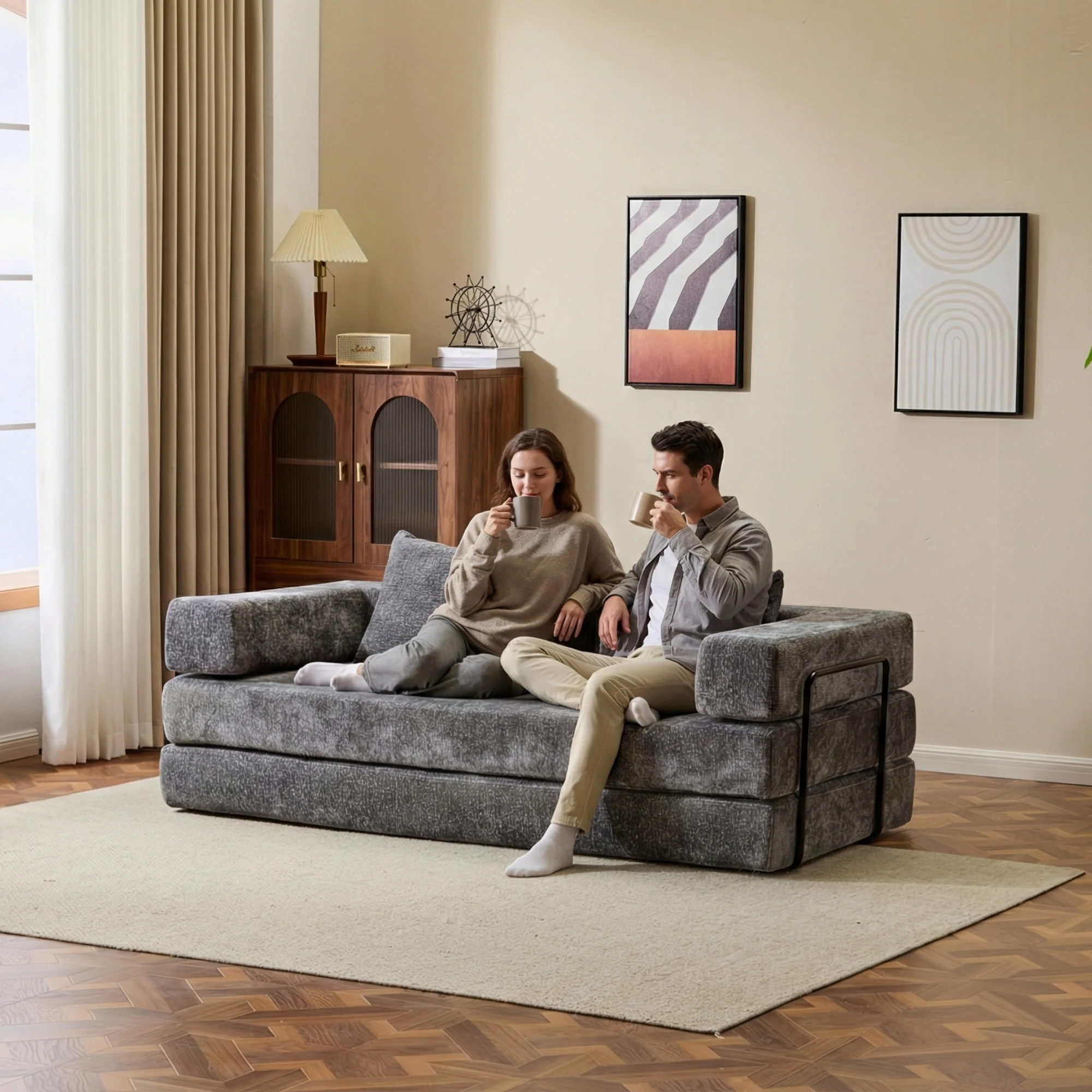 Sofá Cama Compresible de Chenilla Gris Oscuro, 3 en 1, Sin Necesidad de Ensamblaje, Sofá Plegable para el Suelo, Sofá de Dos Plazas Suave para Sala de Estar