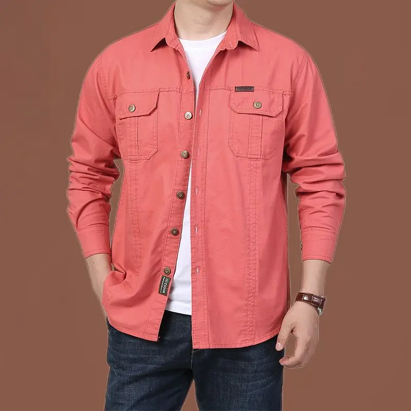 Outdoor Large Size Pocket Long Sleeve Shirt Coat Spring Autumn Business Casual Loose Men Chic Solid Color All-match Shirt Jacket