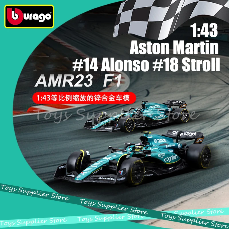 In-stock 1:43 Bburago Aston Martin Aramco Team AMR23 2023 F1 Car Model Dust Cover 14 Alonso #18 Stroll # Alloy Car Die Cast Toy