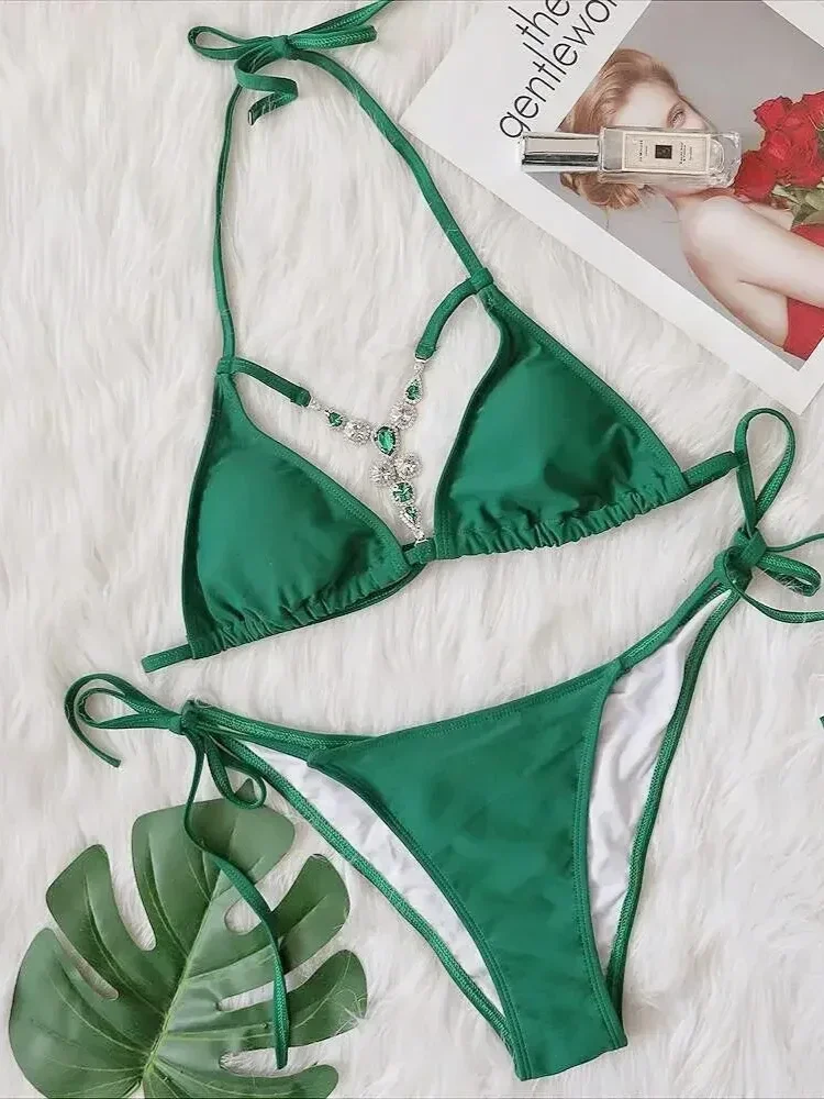 

2025 Swimsuit Sexy Hollow Out Luxury Rhinestone Bikinis Women Solid Color 2-Piece Halter Drawstring Thong Beachwear Bathing Suit