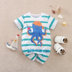 3month To 2-year-old Baby Costume Boys Cartoon octopus Rompers  blue striped   Baby Boys Thin Rompers