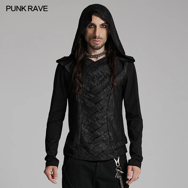 PUNK RAVE Men's Punk Dark Hooded Cross Overlapping T-shirt Personalized Features Black  Tees Tops Men Clothing