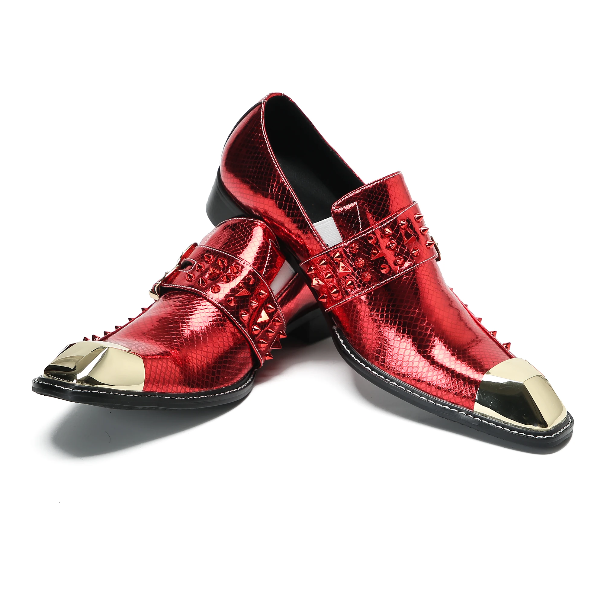 Mens Red Metallic Snakeskin Print Loafers Gold Toe Cap Buckle Studded Slip On Formal Dress Shoes Party Prom Oxford Club Wedding