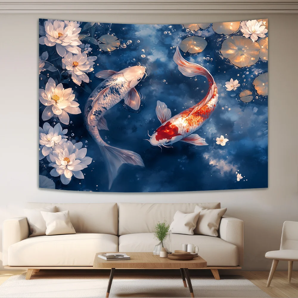 

1pc Watercolor koi and lotus pattern tapestry, machine washable polyester, suitable for bedroom and living room decoration.
