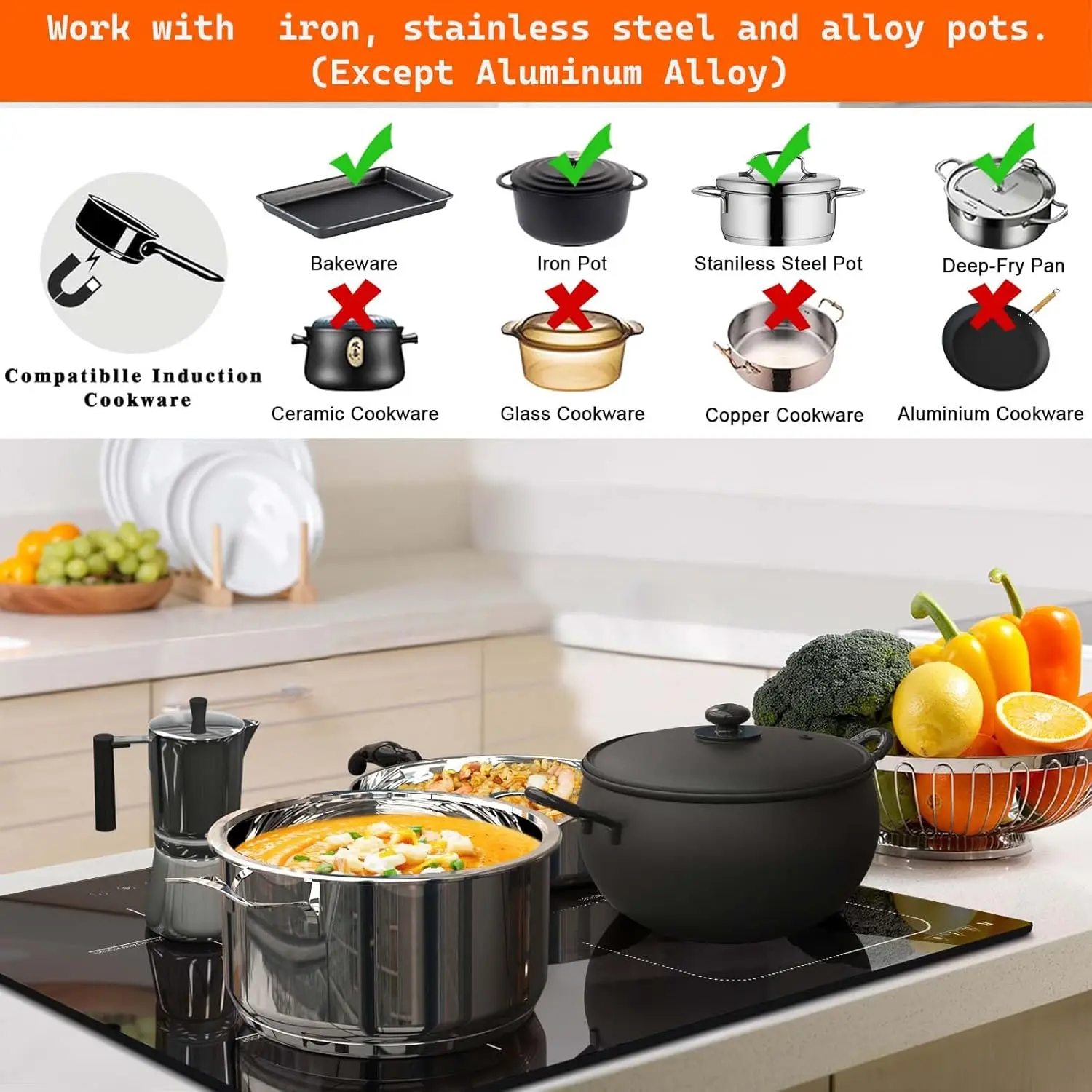 موقد كارينير التعريفي 4 مناطق (مع مقلاة)، موقد كهربائي فليكس زون 60 سم 7200 وات تحكم منزلق مع قفل آمن للمؤقت التعزيز