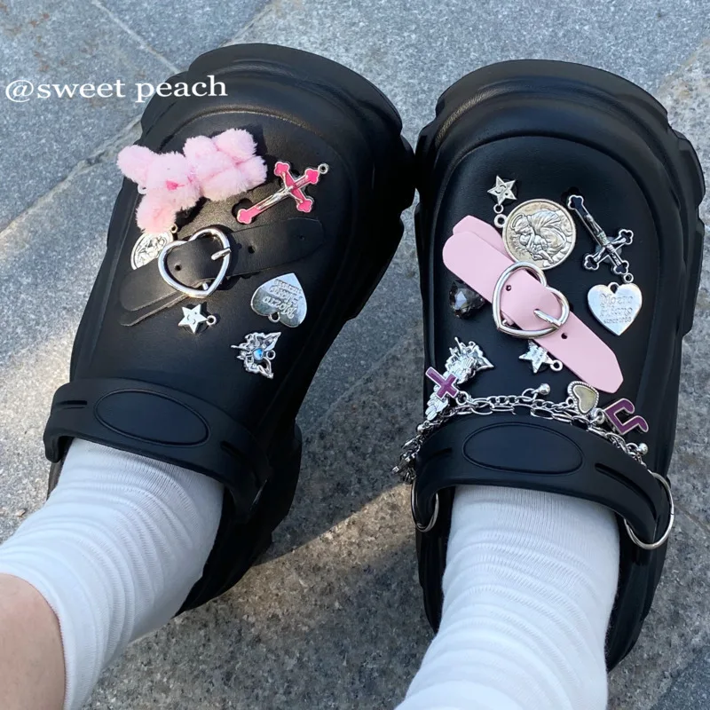 Harajuku Gothic Slides Sandals Slippers Silver Chain Y2K Lolita Style Classic Women Triple White Black Comfortable Shoes