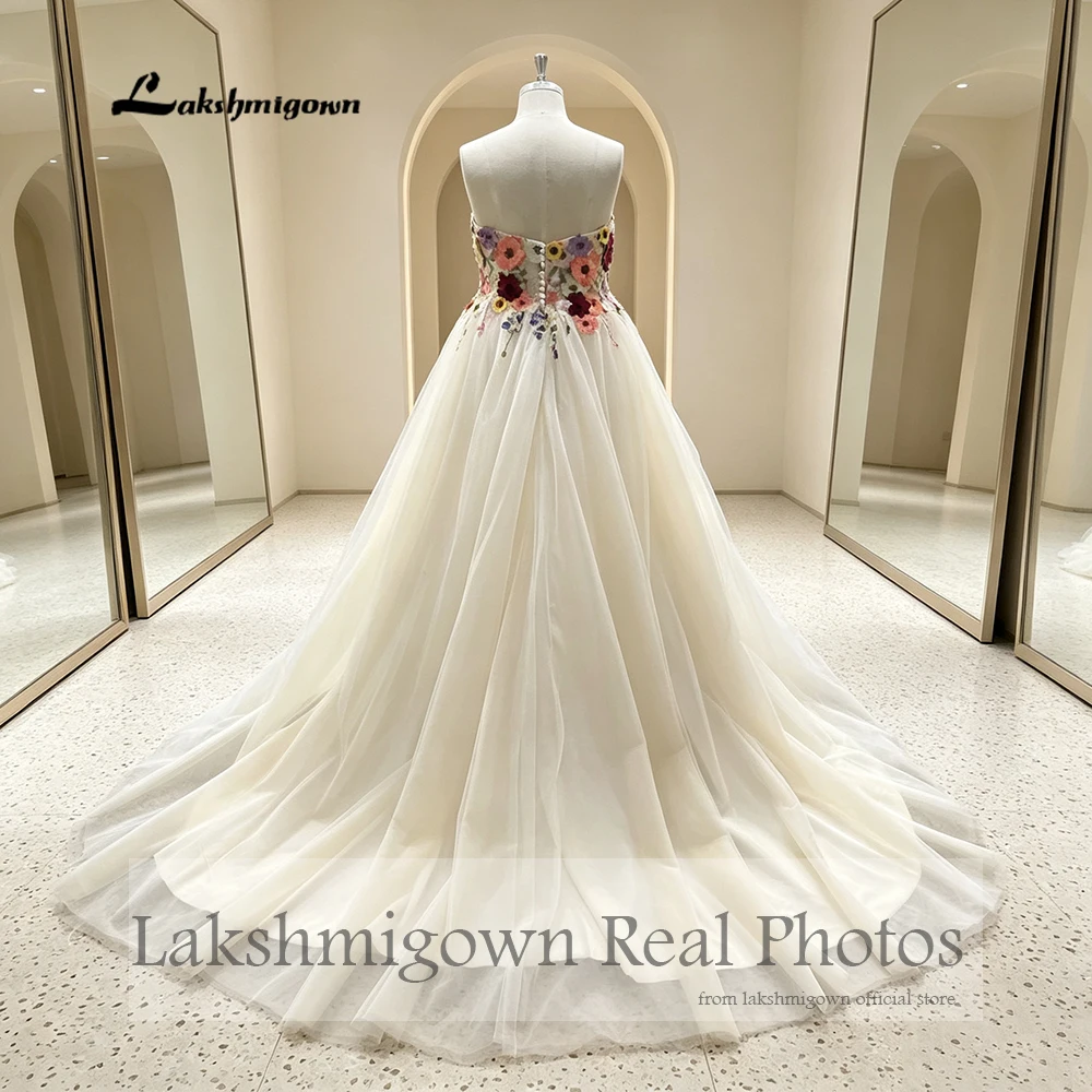 Lakshmigown Trägerloses Hochzeitskleid mit bunten Blumen 2027 A-Linie Tüll Ärmellose Brautkleider Echte Fotos Maßanfertigung – Detail 6