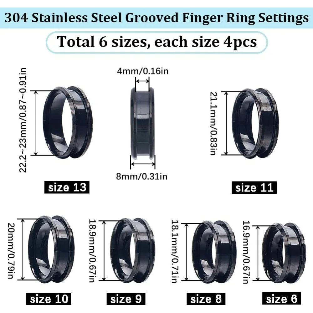 1 Box 24Pcs Stainless Steel Black Finger Ring Blank Core Ring Inlay Round Grooved Rings Blank US Size 7/8/9/10/11/12 Making Kit