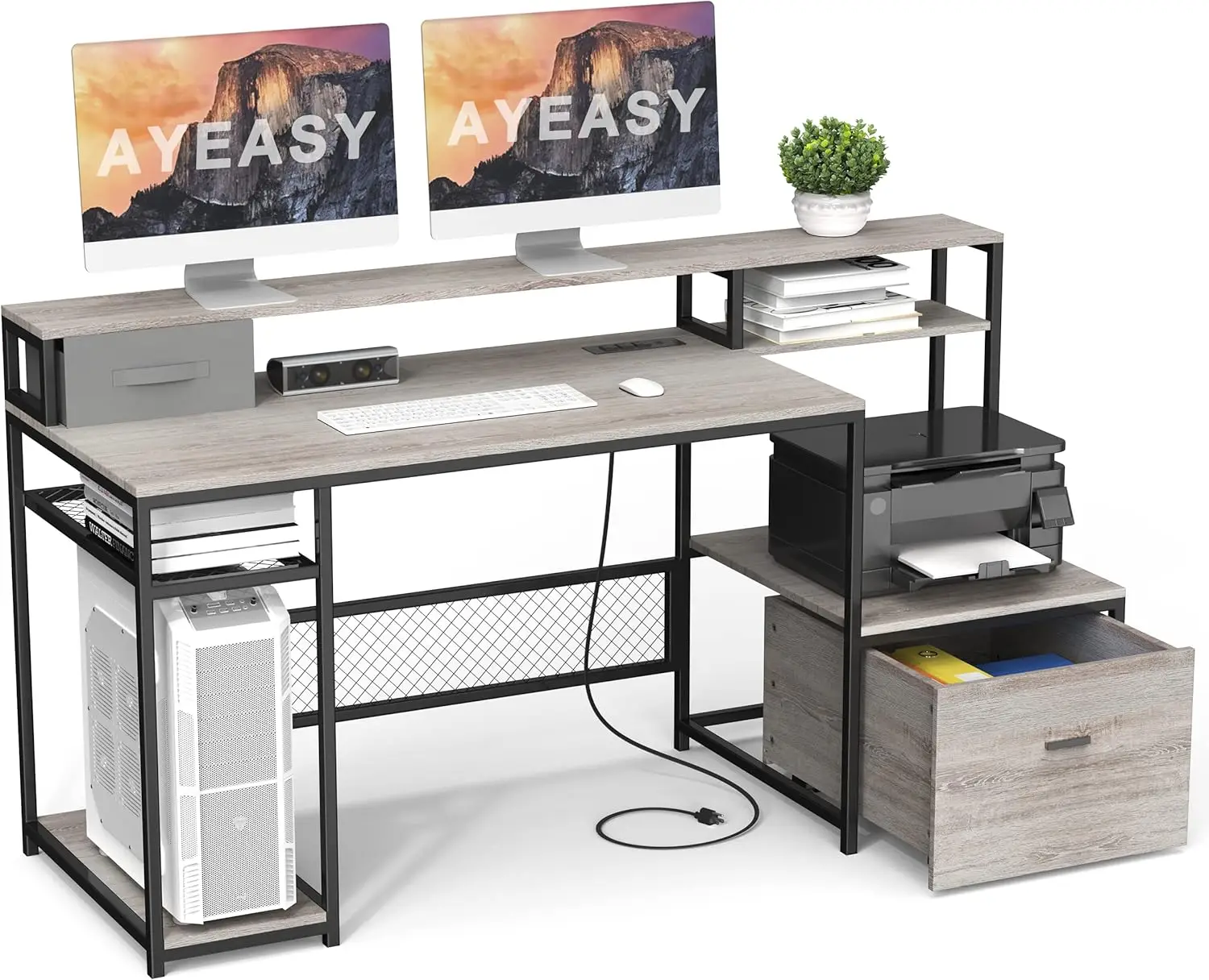 

Home Office Desks with Drawers, 66'' Computer Desk with Storage, Office Desk with Monitor Stand, Work Desk with Outlets