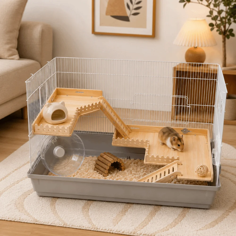 Wooden Wooden Hamster Platform Fence Proof Design Safe Hamster Nest Ladder Multifunctional Durable Pet Stand Golden Bear