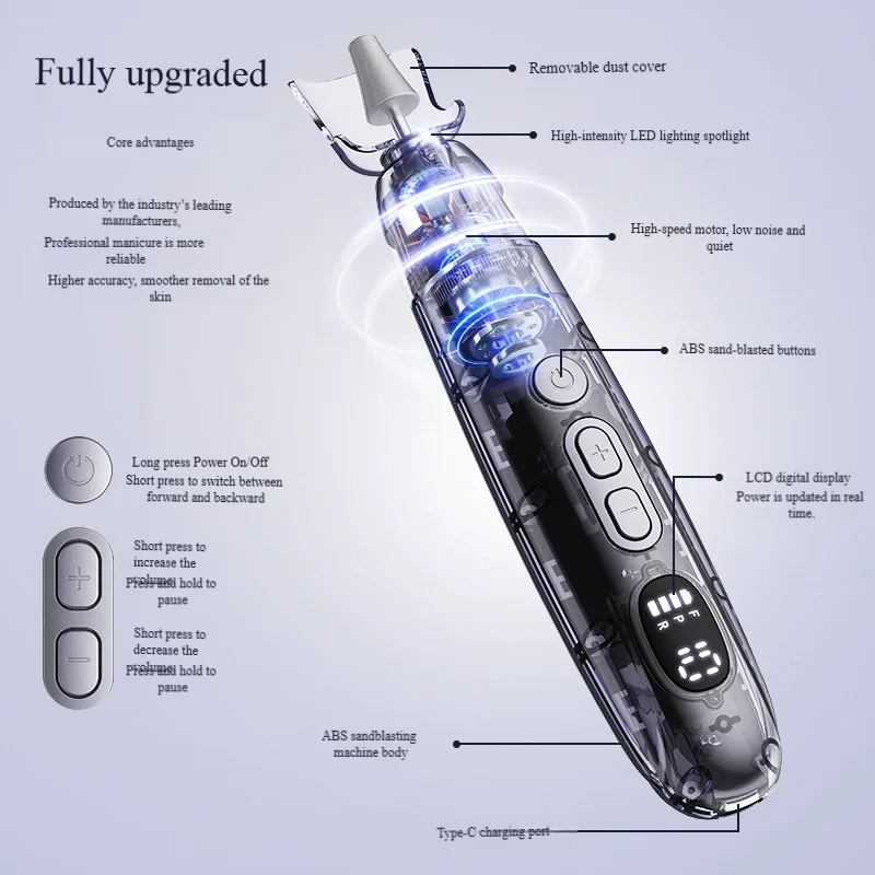 آلة مثقاب الأظافر المحمولة 10 سرعات متغيرة مبرد أظافر كهربائي، مطحنة على شكل قلم قابلة لإعادة الشحن USB C للاستخدام المنزلي