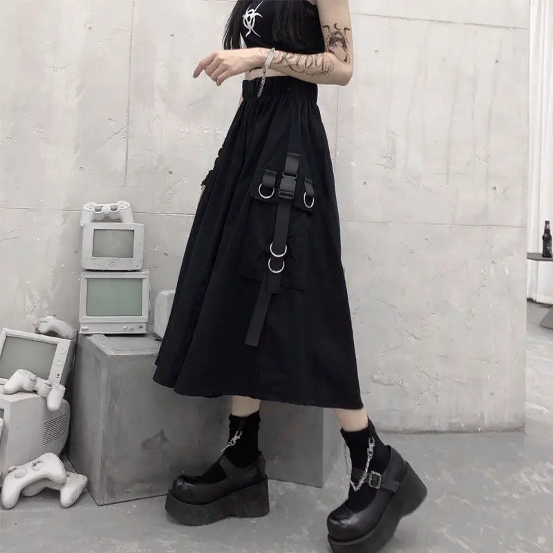 Long Skirt Black Chain Pocket High Waist Midi Skirt Women Summer Harajuku Punk Streetwear Mall Goth Hip Hop