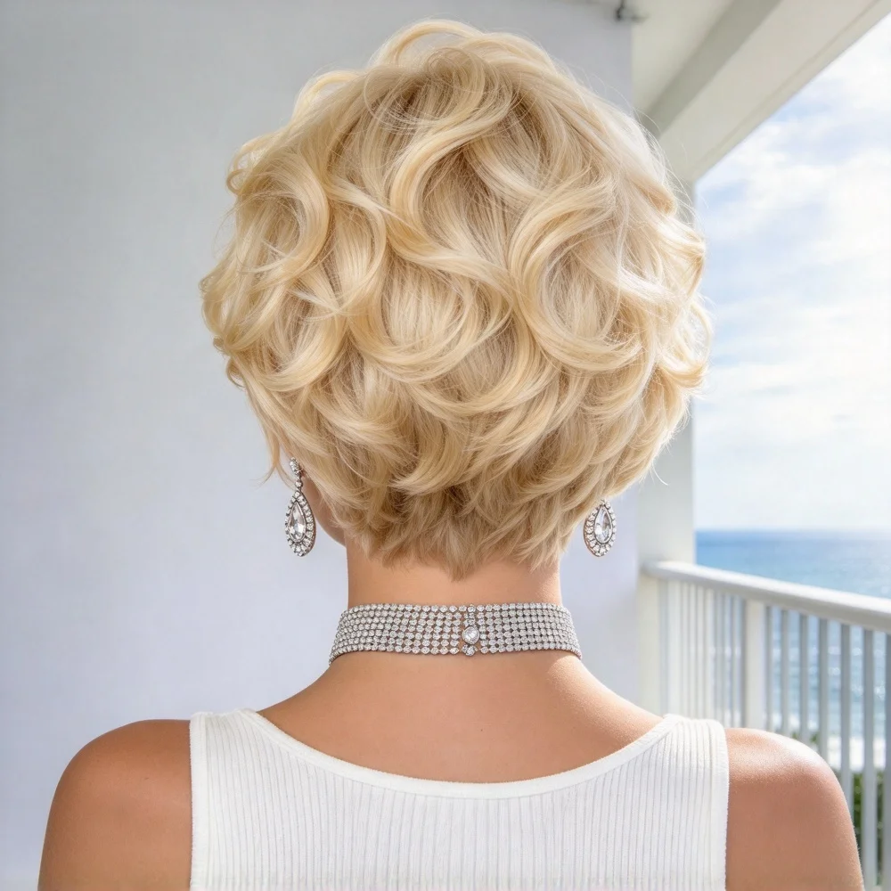 8 Inch Blonde Short Curly Pixie Wig 13x1 Lace Front 200% Density Human Hair Wig