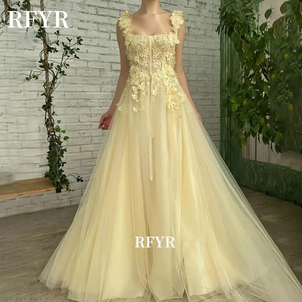 

Вечернее платье RFYR с кружевом, плиссировкой и 3D цветами, желтое, для выпускного вечера, для женщин, на заказ