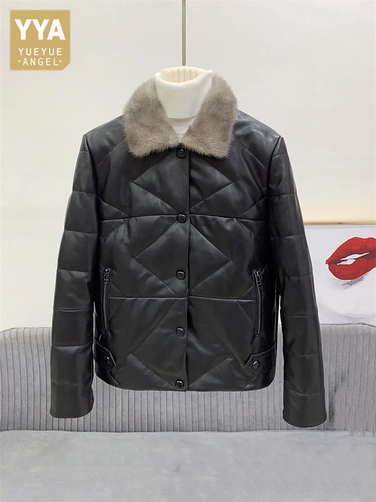 Winter Women Genuine Leather Down Coat Real Fur Collar Sheepskin Coat Thick Warm Single Breasted Casual Jacket Female Outerwear