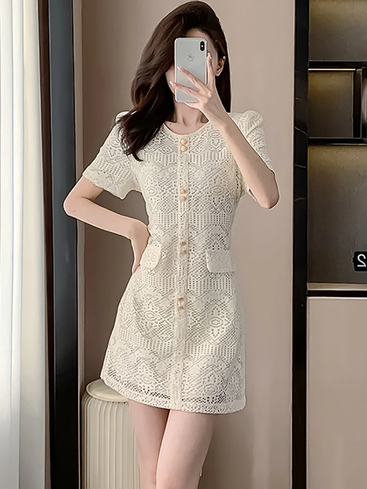 2025 White Lace Hollow Out Luxury Mini Dress Summer Short Sleeve Bodycon Prom Colthes Women Korean Vintage Elegant Evening Dress