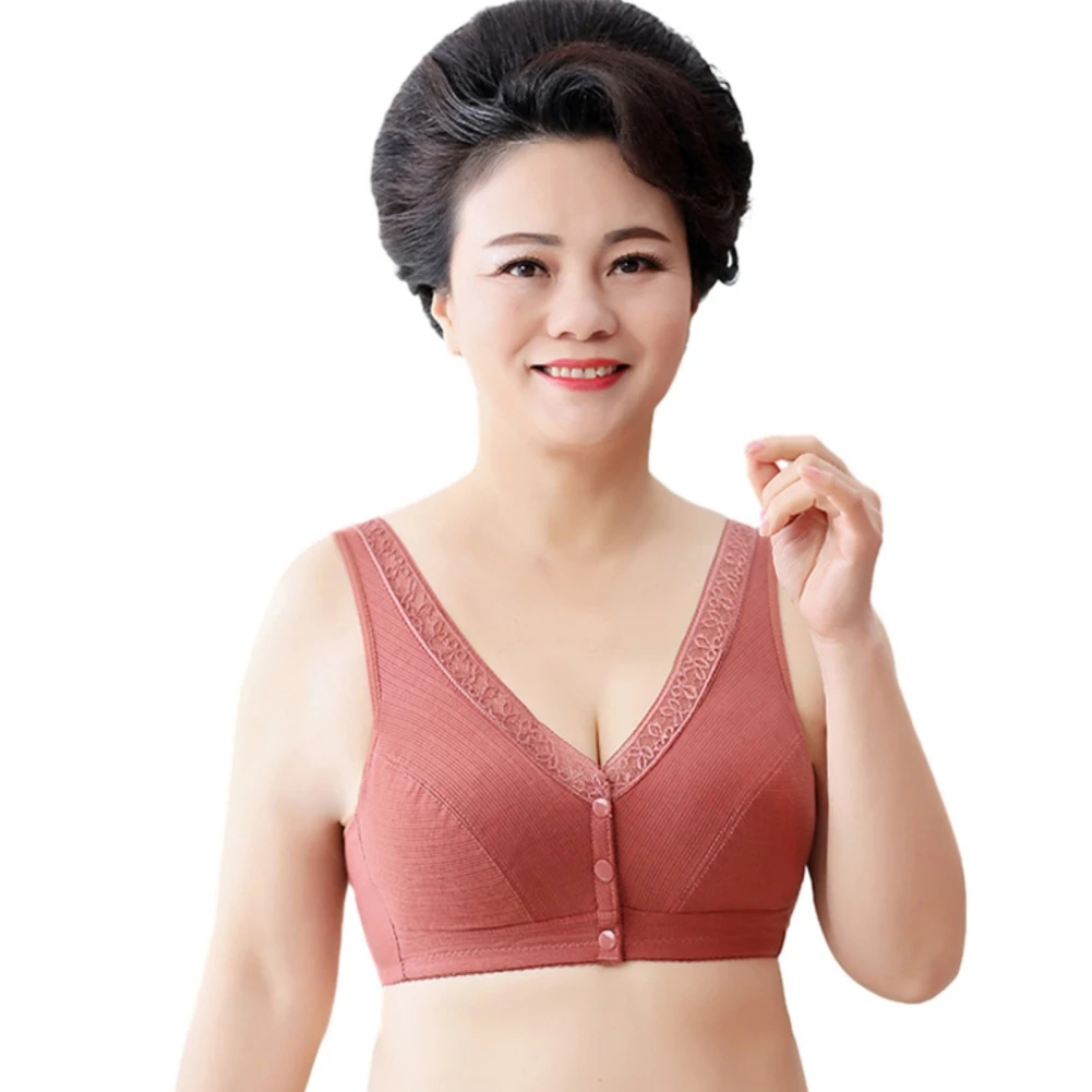 Mid-old Aged Front Buckle Women's Bra Vest Style Threaded Cotton Underwear Solid Soft Breathable Full Cup Bralette