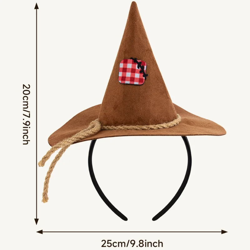 Halloween Scarecrow Hat Headband And Straw Wrist Cuffs Set Retro Decor Kit Brown Patch Wizard Hat For Halloween Cosplay Outfit
