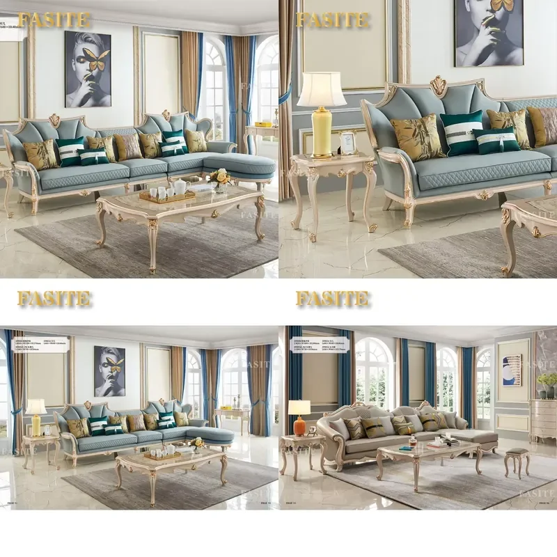 For Luxury French Style Leather Corner Sofa Set Solid Wood Carving Living Room Furniture Elegant Comfortable Home Decor