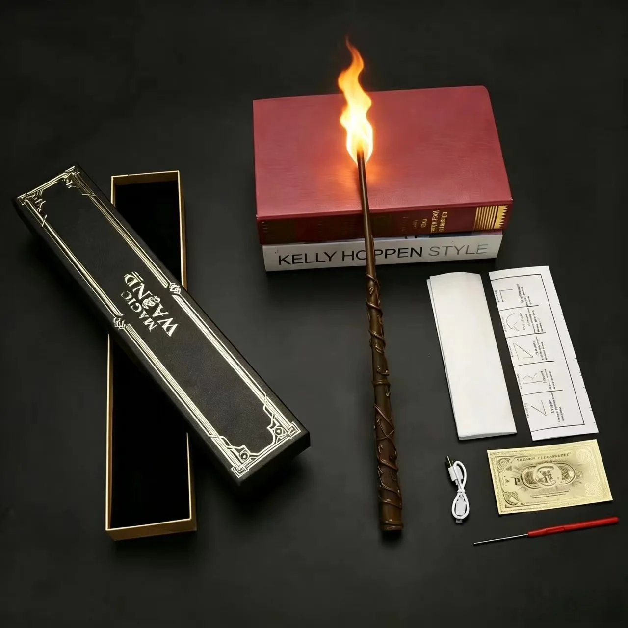 Harry Potter fire wand USB rechargeable flame wand with gift box Hogwarts tickets brochures magic props Cosplay collection gifts view 3