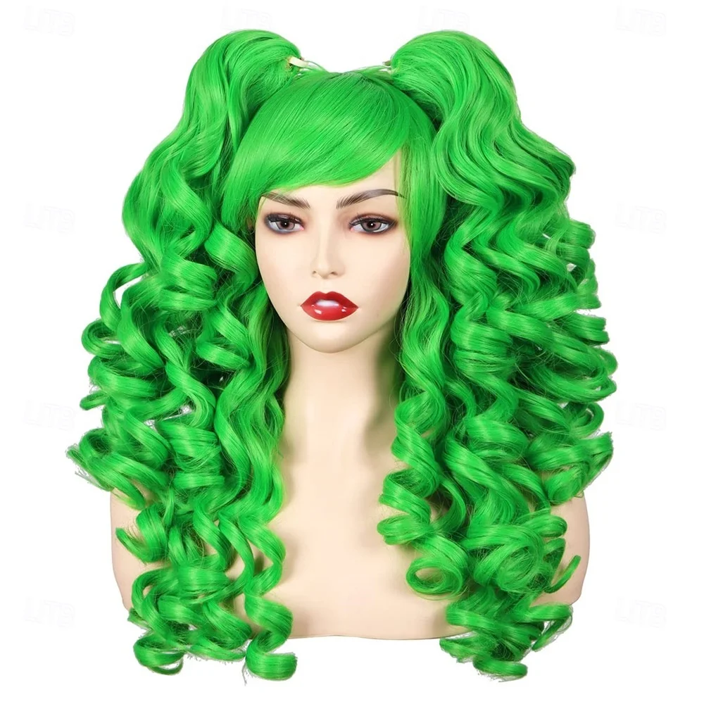 Synthetic Hair  St. Patrick's Day Wigs Long Green  Curly with 2 Ponytails Machine Made Wig for Women