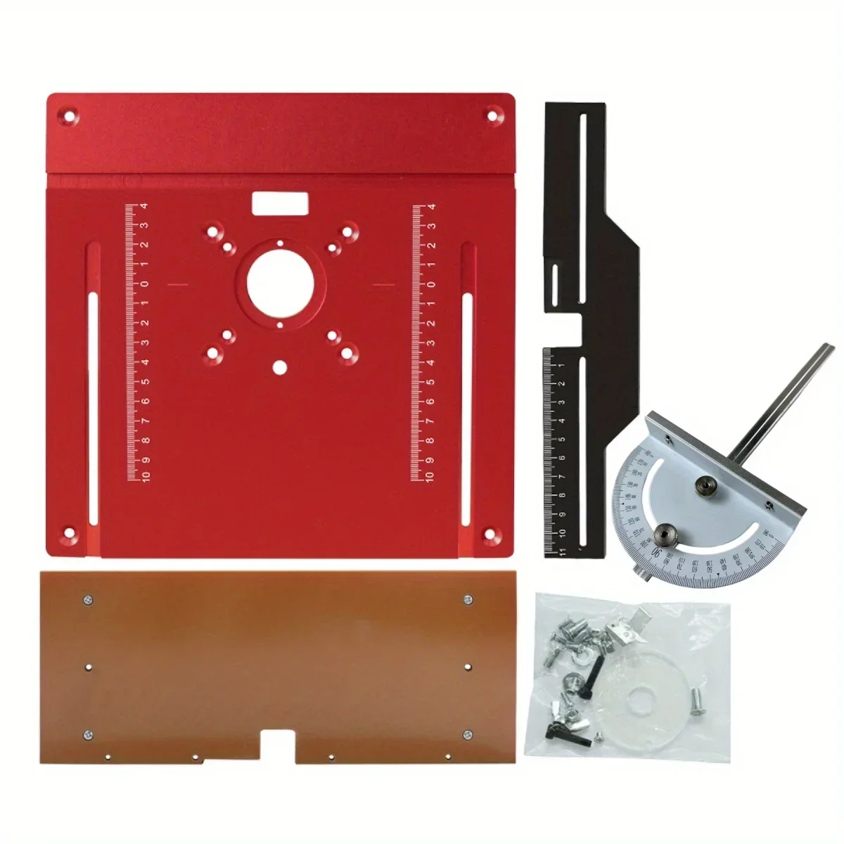 Placa de inserción abatible para espigado de 245 x 240 mm - hecha de aleación de aluminio con valla deslizante y calibre de inglete de 180 grados - Elevador de enrutador