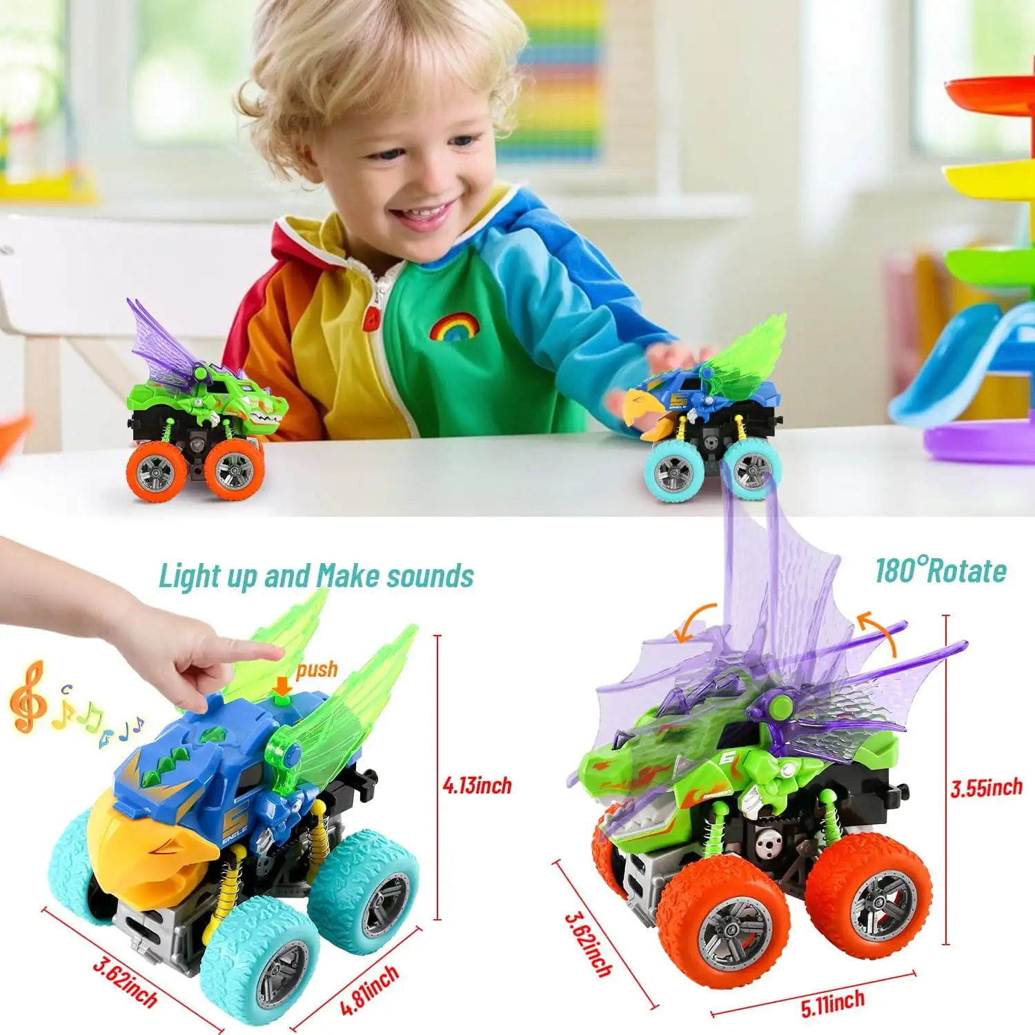 Juguetes de dinosaurios para niños: camión monstruo iluminado y coche de dinosaurio extraíble, juguete interactivo para niños