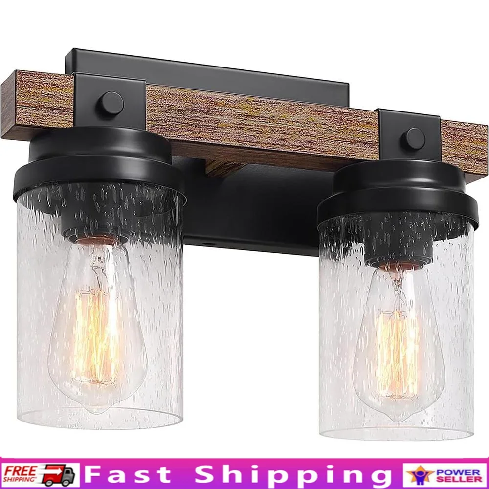 2-Light Rustic Bathroom Vanity Light Fixtures Industrial Wall Lighting Handmade Metal Wood Grain with Glass Shade E26 Compatible