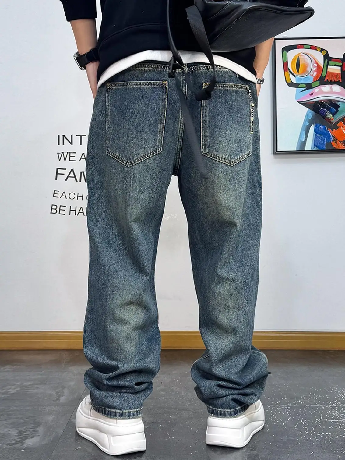 American Vintage Classic Jeans Men Straight Leg Loose Fit Cargo Pants Harajuku Heavy Denim Streetwear Plus Size Blue Trousers