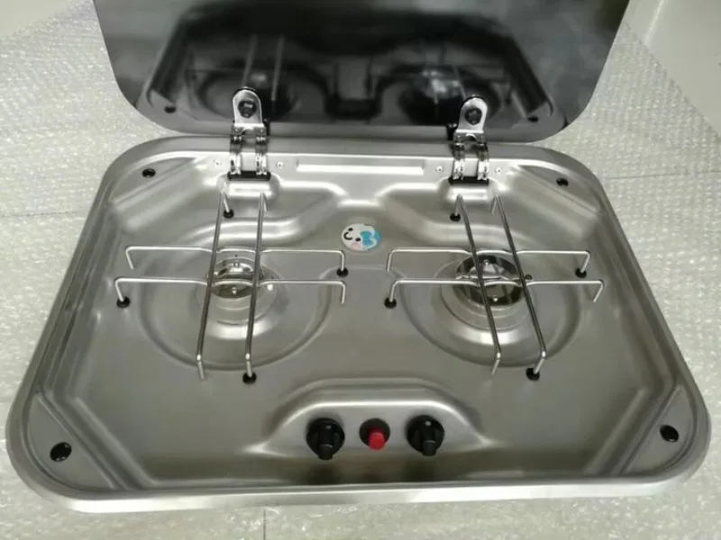 Tragbarer Mini Edelstahl RV Gasherd 2-Flammen-Camping Küche Kochgeschirr Gasherd