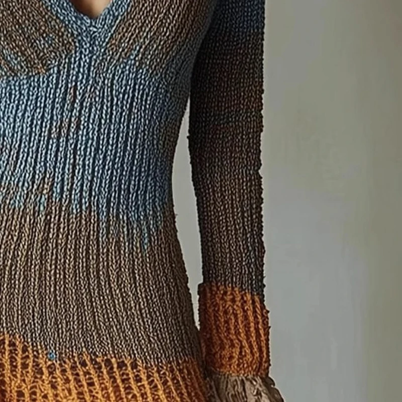 

Fashion Sweater Knitted Mini Dress for Women's Elegant Sexy Deep V Neck Flare Sleeve Color Block Lace Ruffle Hem A-Line Dress