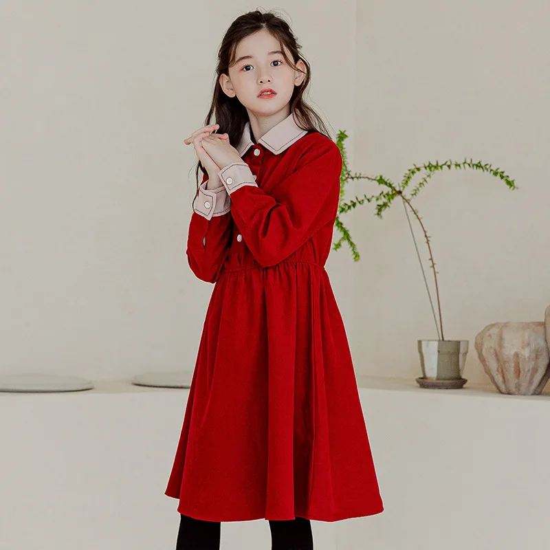 

2025 Winter Preppy Style Dresses Girls Kids clothes Toddler Little Girl Dress Long Sleeve Christmas Princess Dress Clothing Red