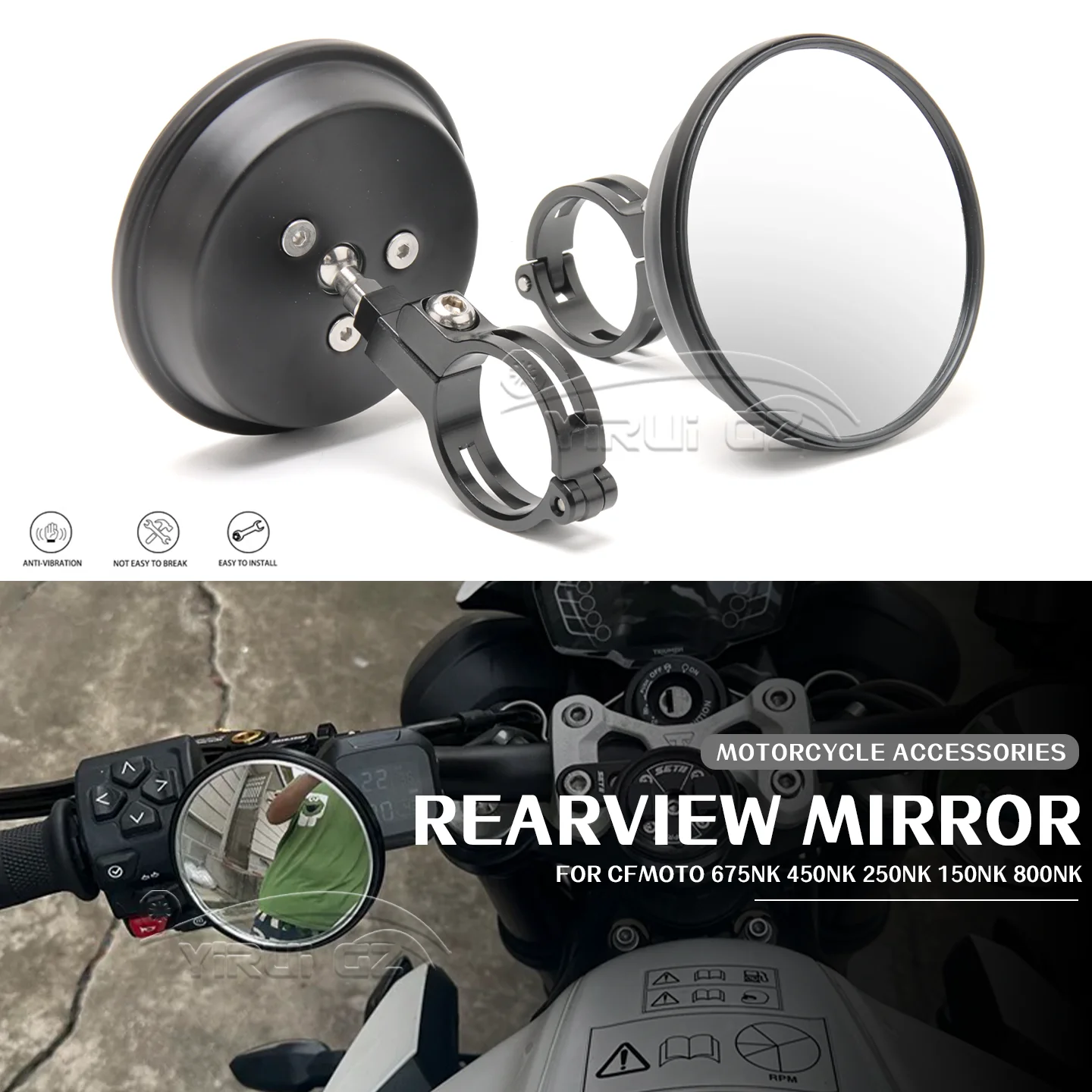 For CFMOTO 675NK 450nk 250nk 150 800nk World Raid Motorcycle Accessories Round Rearview Mirror Adjustable 360° Wide Angle Mirror