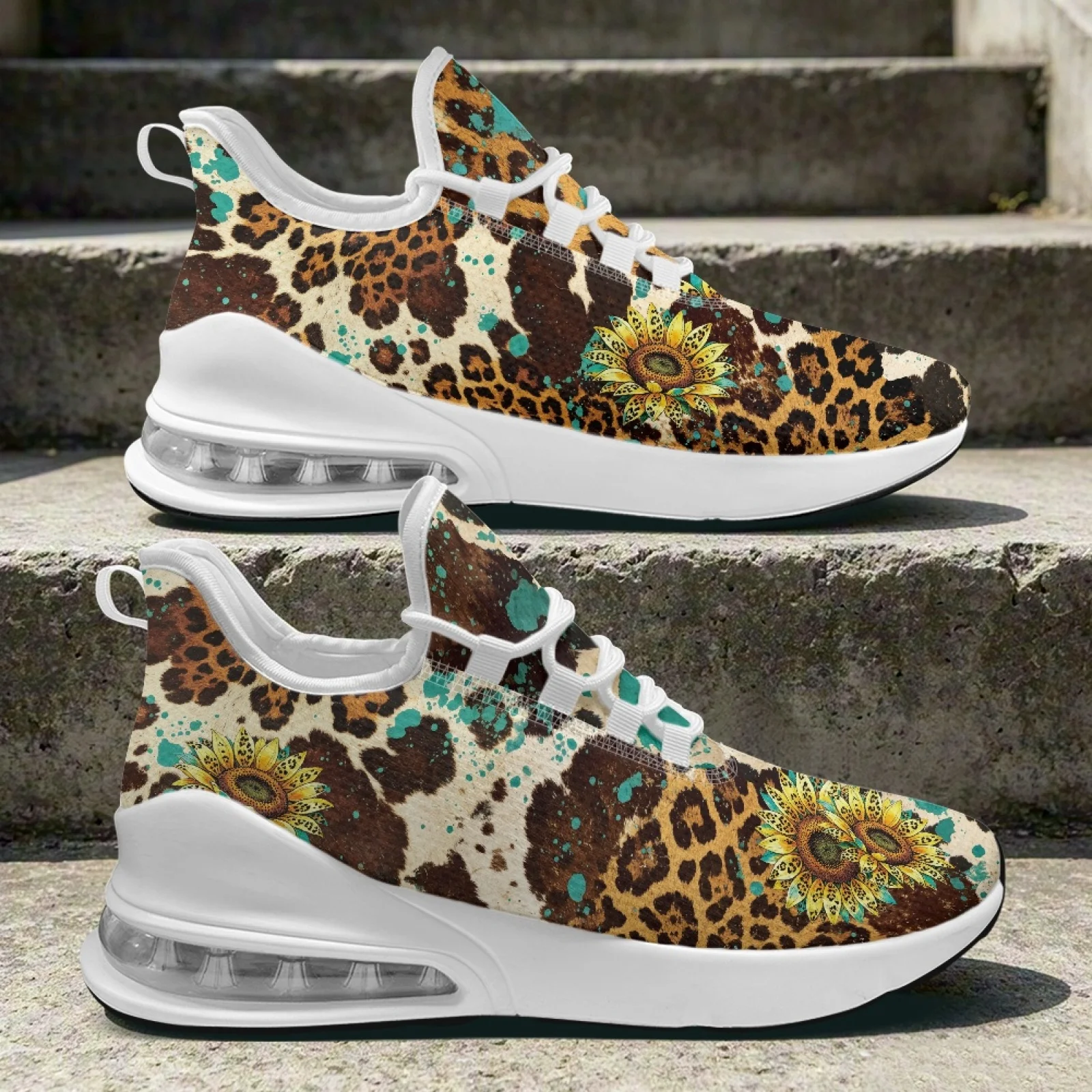 PENSTROLL Leopard Sunflower Comfortable Casual Sneakers for Women Walking Running, Breathable Cushioned Nurse Gym Shoes