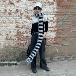 Black and white stripes plush fringe scarf female 2022 autumn and winter new soft glutinous imitation mink super long scarf