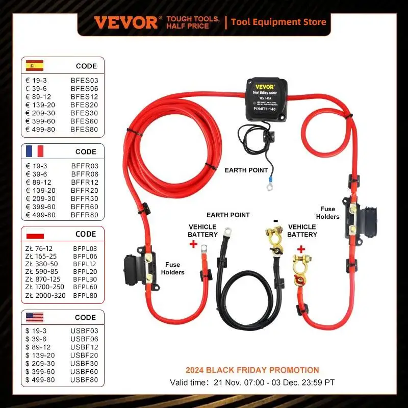 VEVOR Split Charge Relay Kit Voltage Sense Relay Professional 12V 140AMP W/ 2/4/5/6 mtr Battery Cable for ATVs UTVs RVs Camping