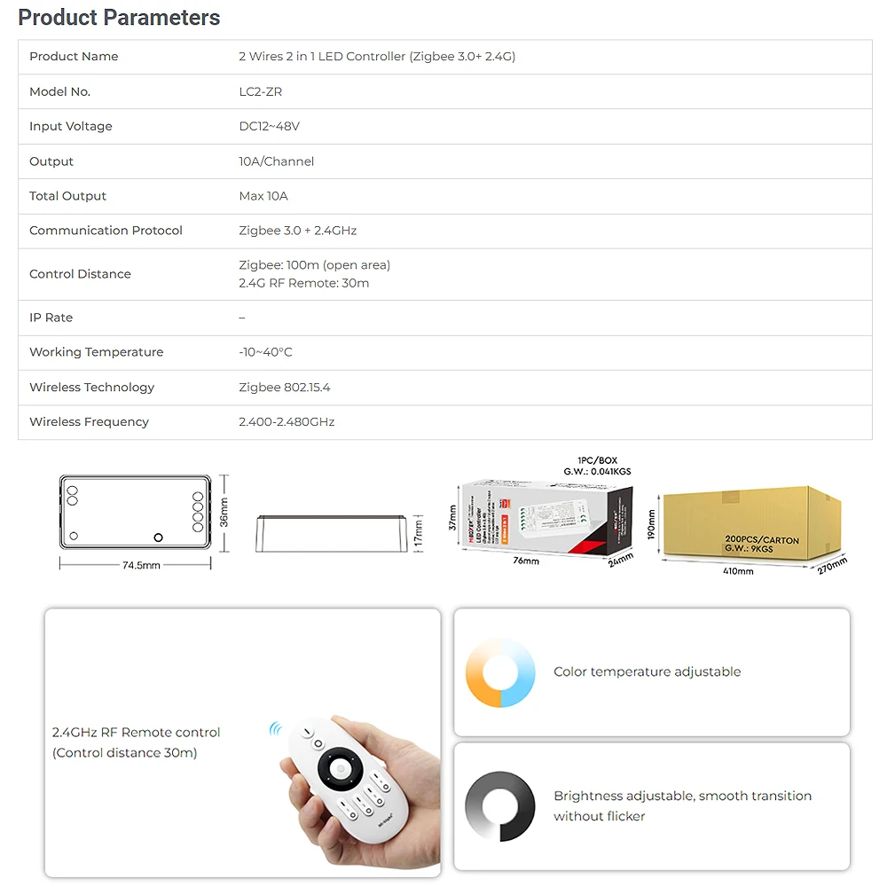 Miboxer LC2-ZR Zigbee 3.0+2.4GHzRF 2Wires 2in1 Brightness adjustable Single color/Dual white CCT Controller Dimmer for Led Strip