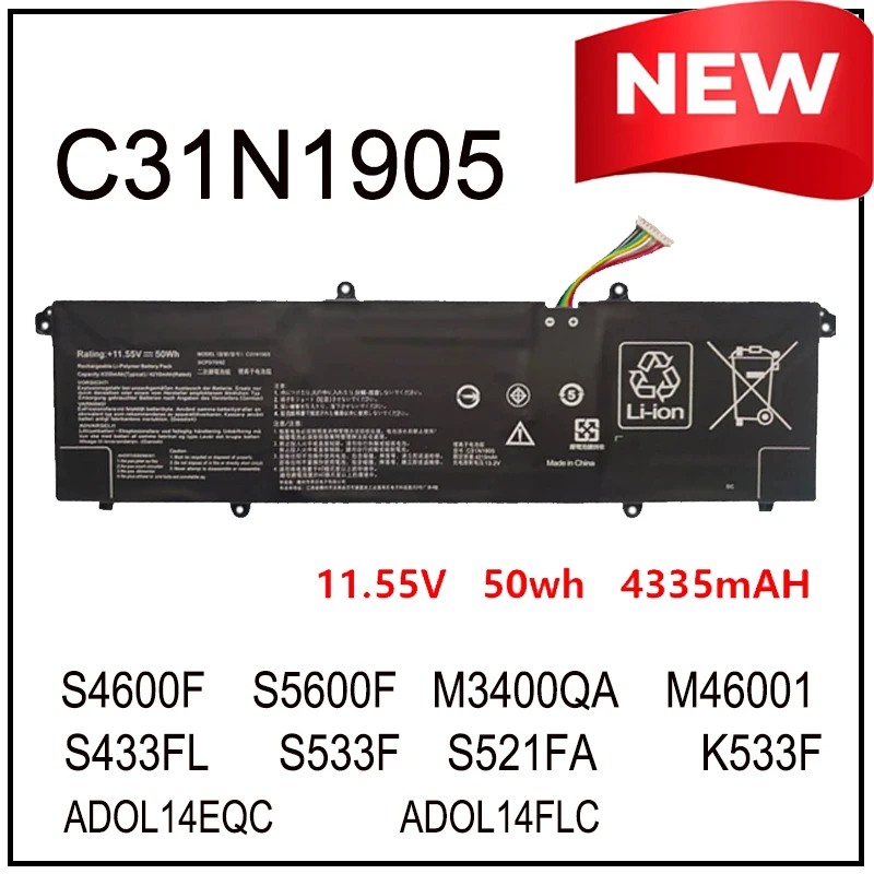 

Аккумулятор для ноутбуков ASUS C31N1905, совместимый с моделями K533F, S433FL, S521FA, V533F, S14, S433FA-AM035T, 4600F, S5600F, S533F, S433FL, ADOL14EQC, S521FA, K533F