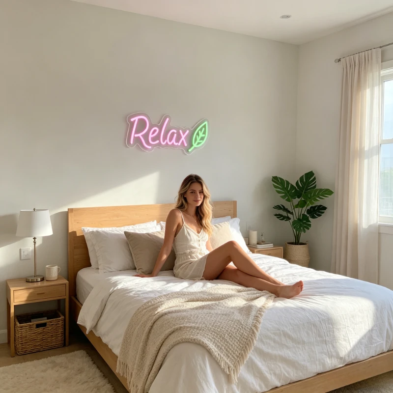 Relax Neon Sign LED Green Leaf Bathroom Vanity Light USB Aesthetic Night Light Wall Art for Bedroom Living Room Spa Decor Gift