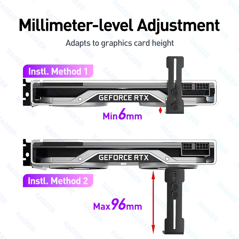 RAGEER Adjustable GPU Graphics Card Holder Bracket – Anti-Sag Support for ITX/ATX Desktop PC Cases (6-96mm Height)