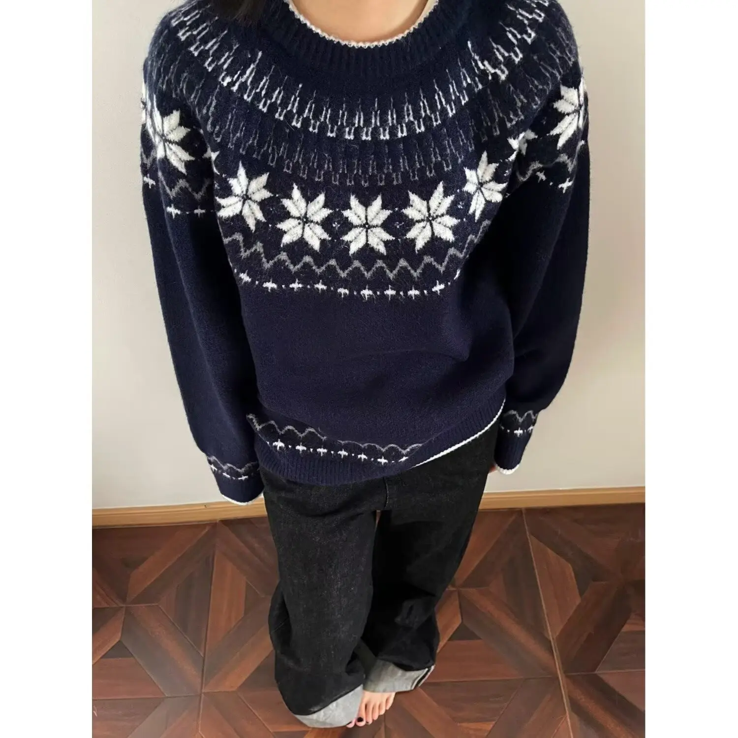 

Ретро American Cleanfit Fair Isle Snowflake Totem Трикотаж Свободная повседневная верхняя одежда для мужчин и женщин Полиэфирное волокно