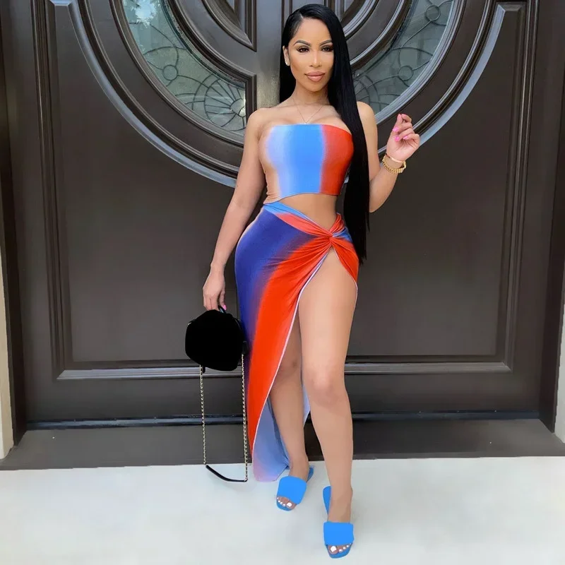 

GUWU Print Fashion Two Piece Summer Dress Suits Tube Top High Slit Ruched Maxi Skirt Set Sexy Party Women Matching Sets