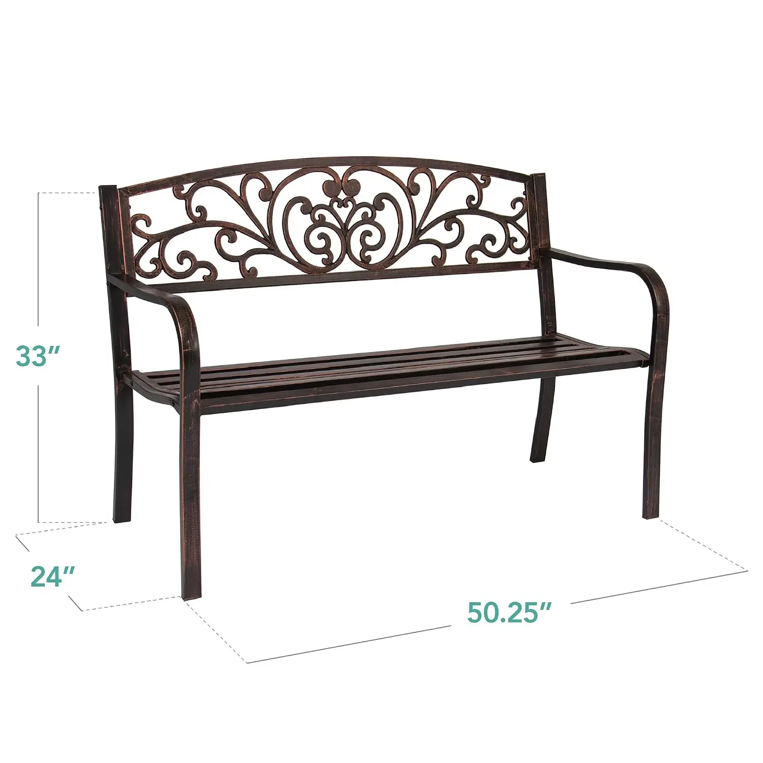 Steel Garden Bench w/Floral Backrest & Slatted Seat for Patio Lawn Park Deck, Brown, Customized