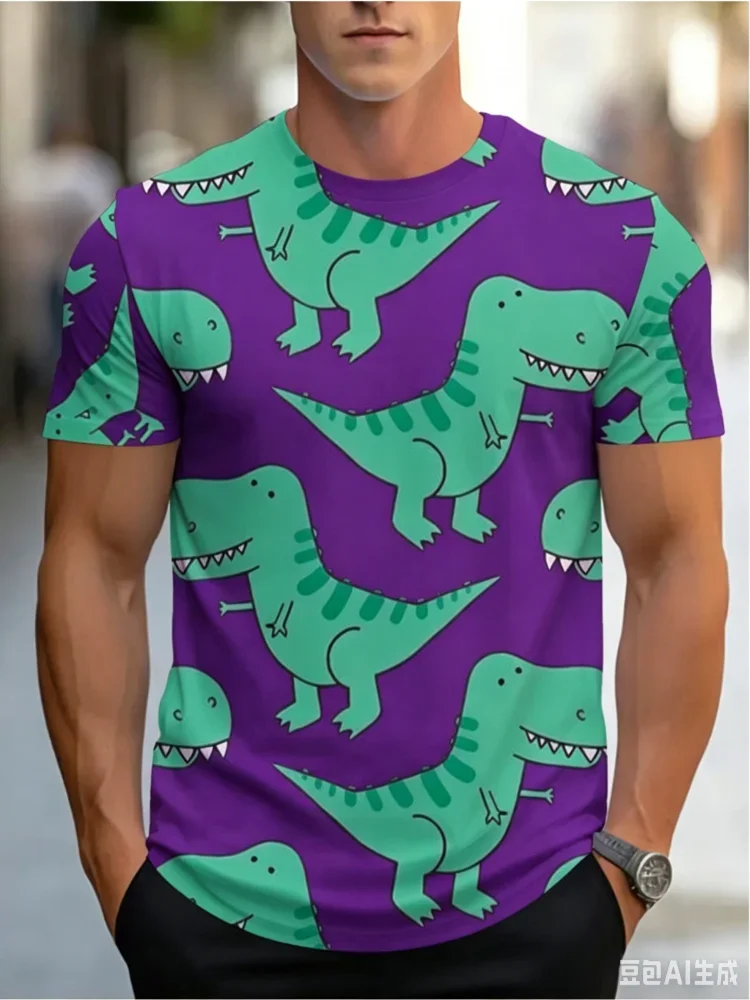 Fashion Men's Cartoon Dinosaur Print T-shirt Funny T Shirt Summer Casual Short Sleeve Trend Street Style Tops