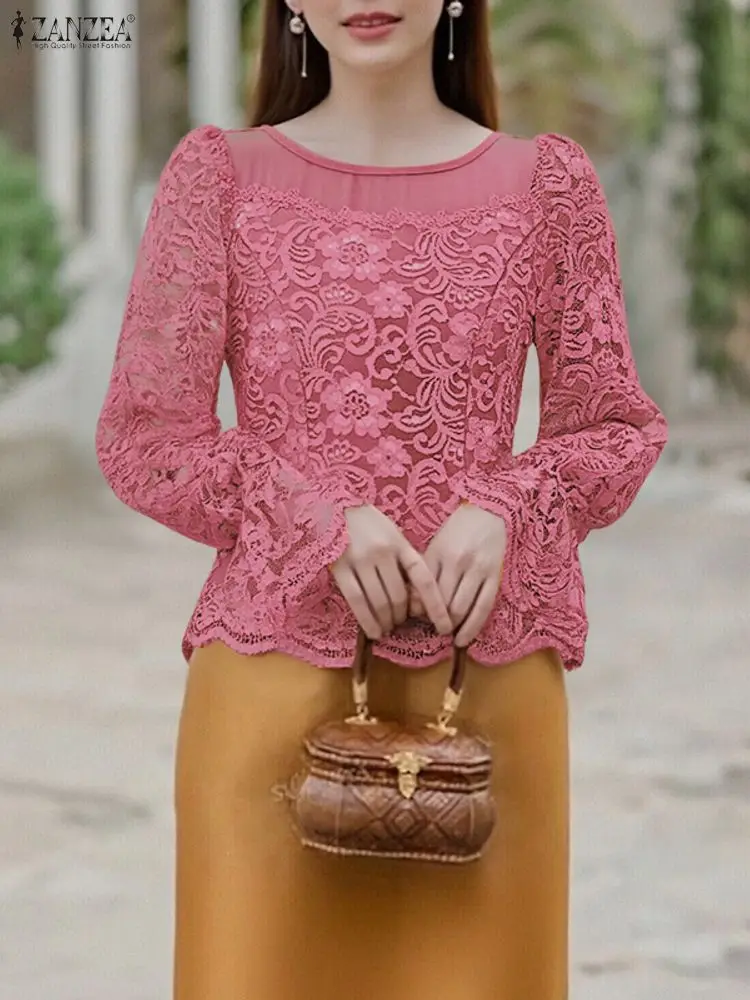 

2025 ZANZEA Elegant Stylish Autumn Long Sleeve Hollow Out Blouse Office Shirt Women Lace Patchwork Tops Slim Fit Blusas Femme