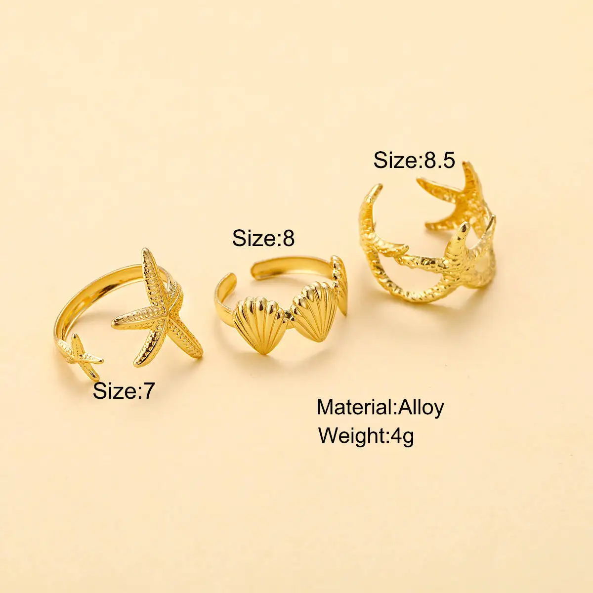 3 Piece Starfish Shell Open Ring Set for Women Summer Beach Vacation Adjustable Ocean Style Lightweight Daily Wear Gift