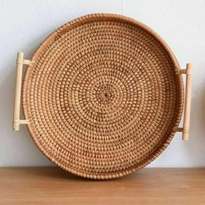 Rattan Storage Tray Round Basket Handle Hand-woven Rattan Wicker Bread Food