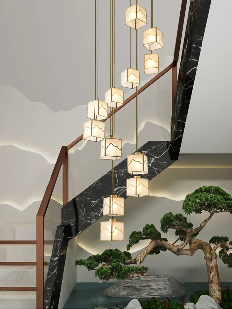 New Chinese Style Staircase Long Chandelier Creative LED Copper Villa Living Room Lobby Chandelier Modern Rotating Loft Light